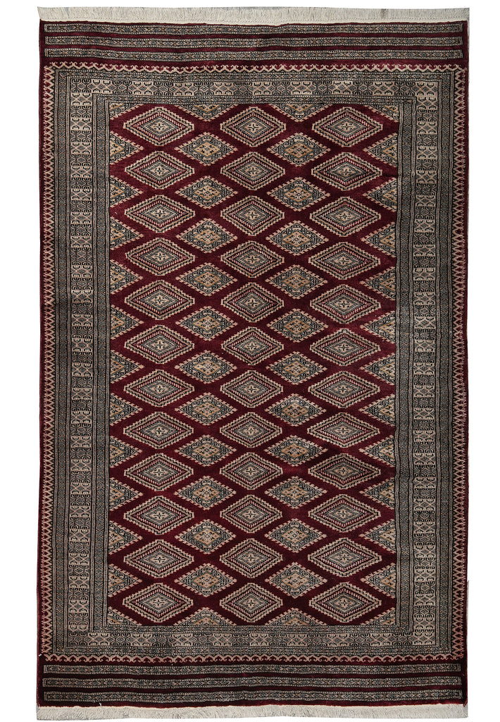 4.3 x 6.5 Hand-Knotted Jaldar Bokhara Geometric Rug Burgundy #PIX-29027