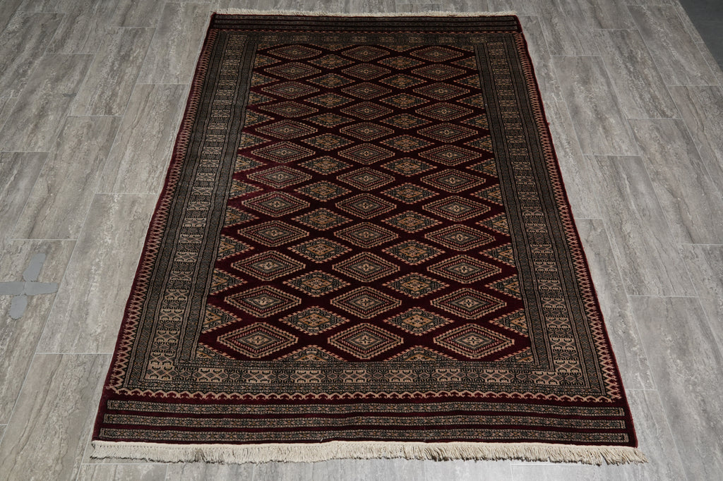 4.3 x 6.5 Hand-Knotted Jaldar Bokhara Geometric Rug Burgundy #PIX-29027