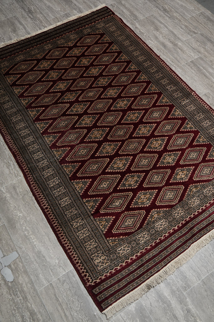 4.3 x 6.5 Hand-Knotted Jaldar Bokhara Geometric Rug Burgundy #PIX-29027