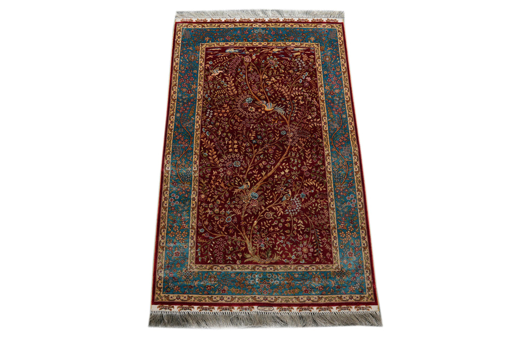 3 x 5 Bamboo Silk Carpet Tree of Life Burgundy Hanging Rug
