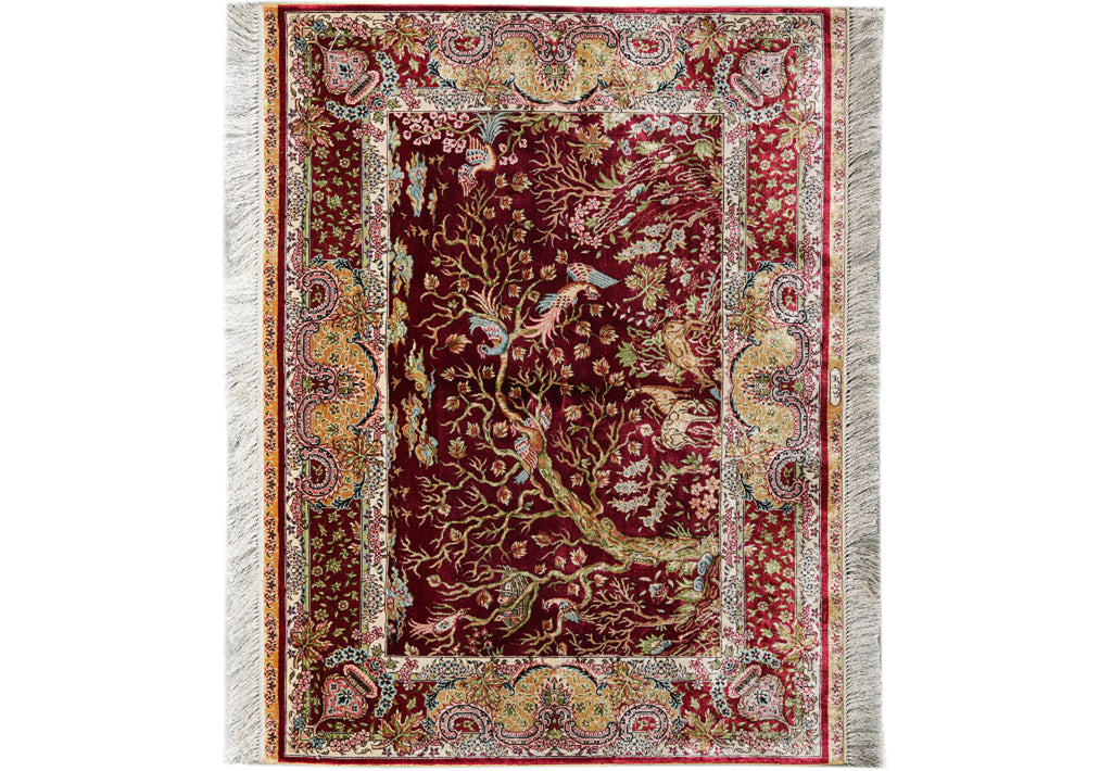 4 x 3  Scenery Trees Birds Deers Bamboo Silk Rug