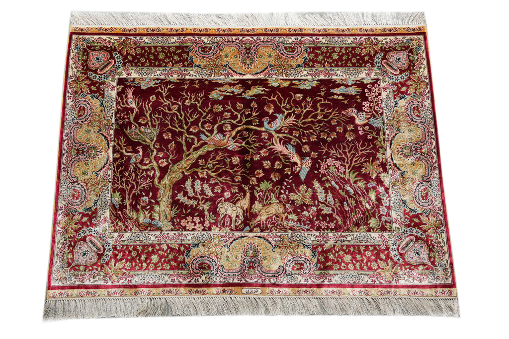 4 x 3  Scenery Trees Birds Deers Bamboo Silk Rug