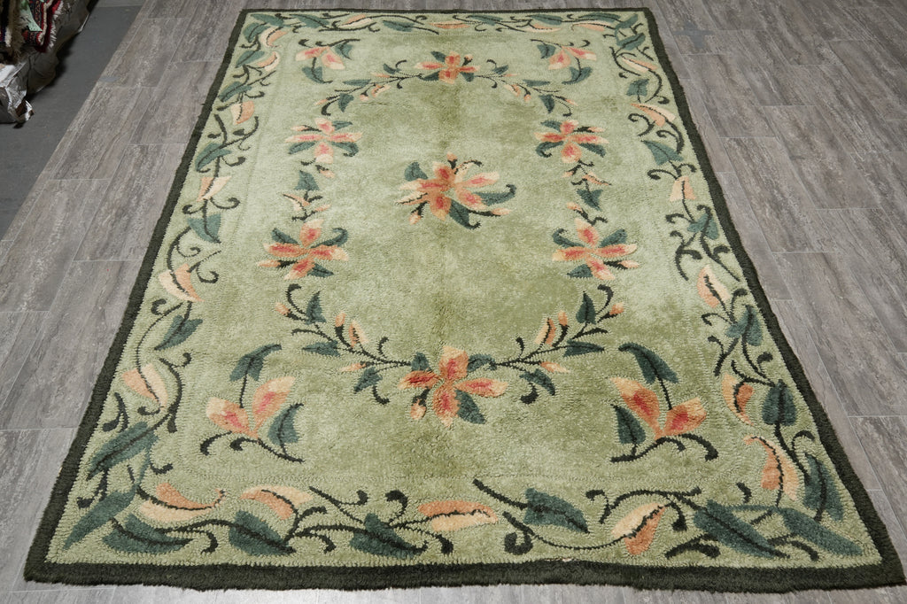 5.8 x 8.8 Green French Aubusson Hooked Rug #PIX-1195