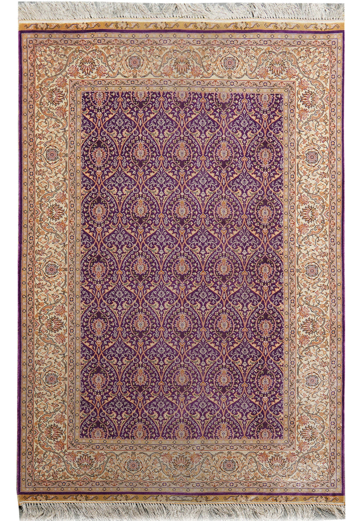 3.4 x 5 Hereke Pattern Purple Bamboo Silk Rug
