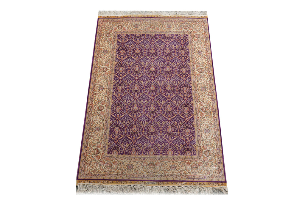 3.4 x 5 Hereke Pattern Purple Bamboo Silk Rug