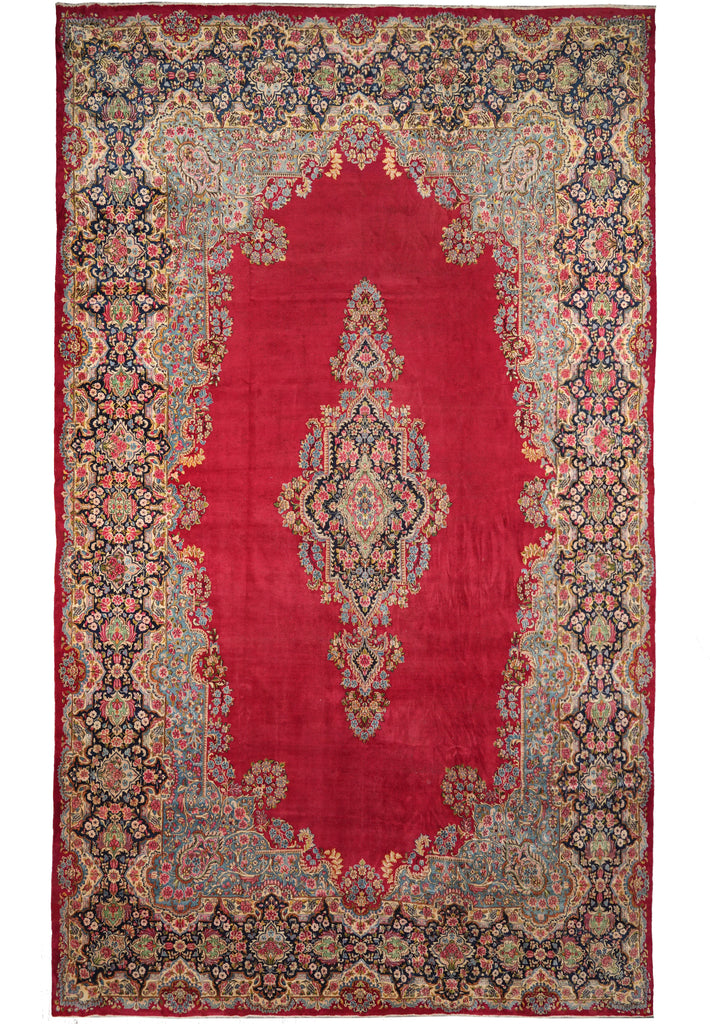 13 x 21 Semi- Antique Persian Kerman Rug Open Red Field