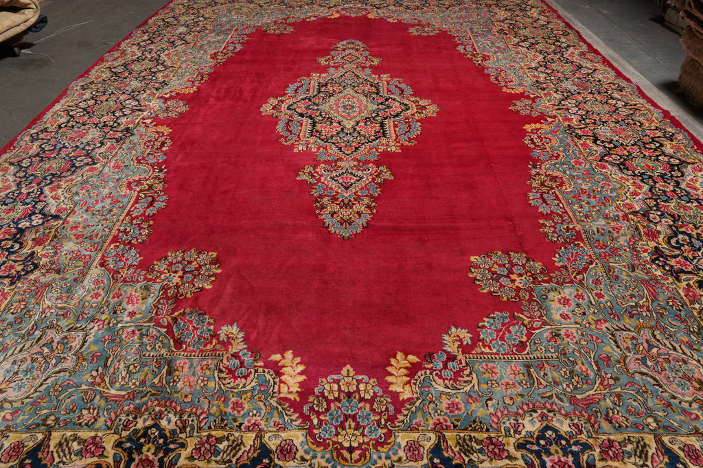 13 x 21 Semi- Antique Persian Kerman Rug Open Red Field #PIX-778