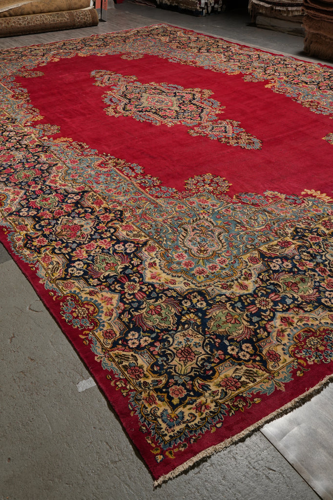 13 x 21 Semi- Antique Persian Kerman Rug Open Red Field #PIX-778