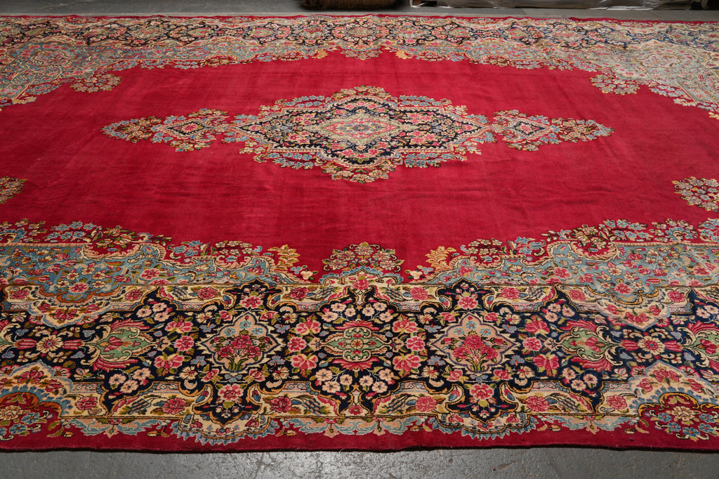 13 x 21 Semi- Antique Persian Kerman Rug Open Red Field