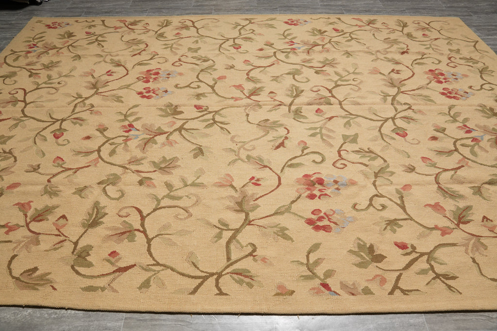 9 x 12.9 Flat Weave Rug Handmade French Country Floral #PIX-14908