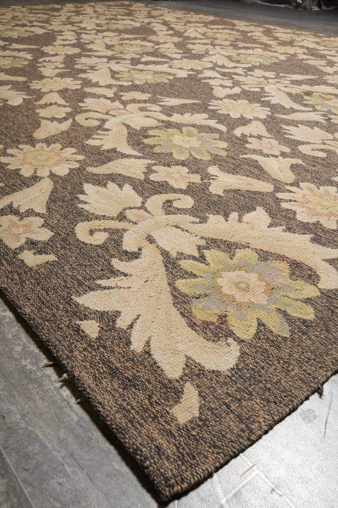 9 x 12.9 Flat Weave Khaki BRrown Handmade Kilim Rug French Contemporary Transitional #PIX-14611