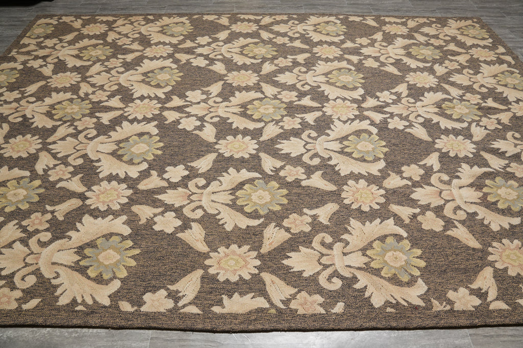 9 x 12.9 Flat Weave Khaki BRrown Handmade Kilim Rug French Contemporary Transitional #PIX-14611