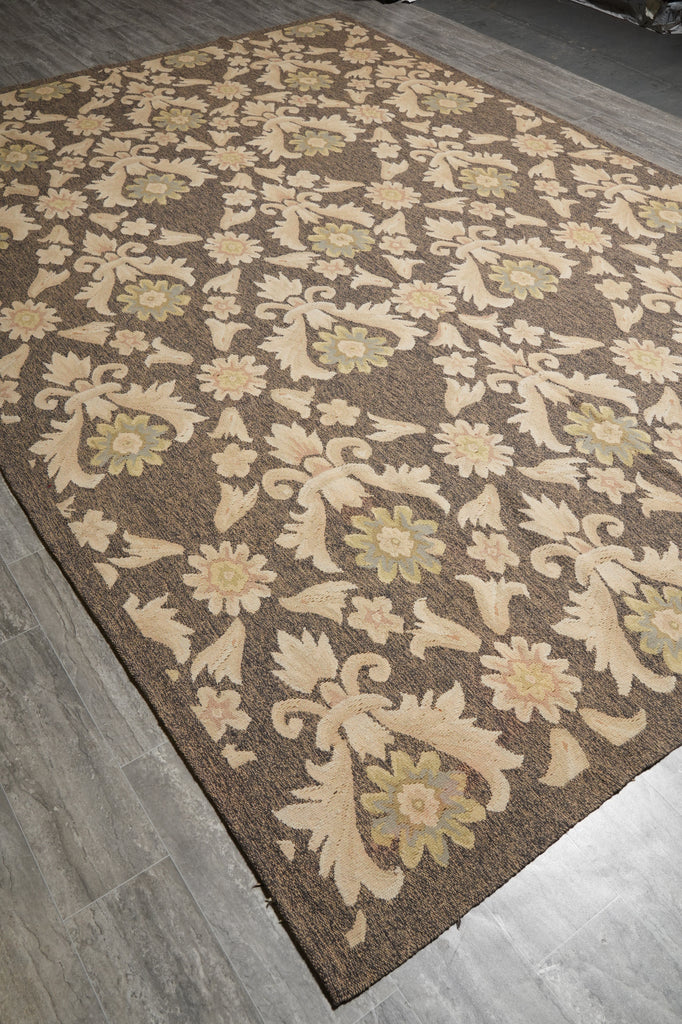 9 x 12.9 Flat Weave Khaki BRrown Handmade Kilim Rug French Contemporary Transitional #PIX-14611