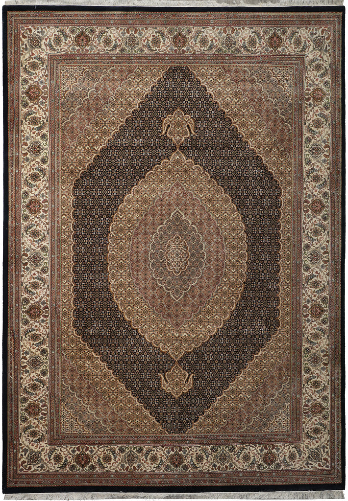 Decorative rug with intricate patterns and colors on a plain background