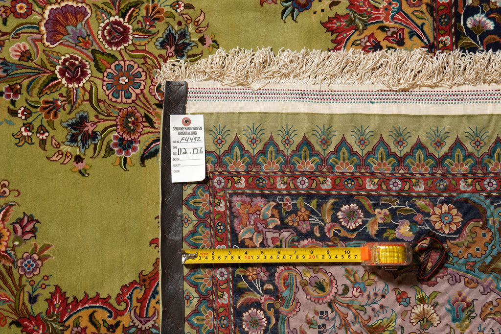 11.2 x 17.6 Fine Persian Tabriz Rug  Wool and Silk on Silk 500 KPSI Green #F-4492