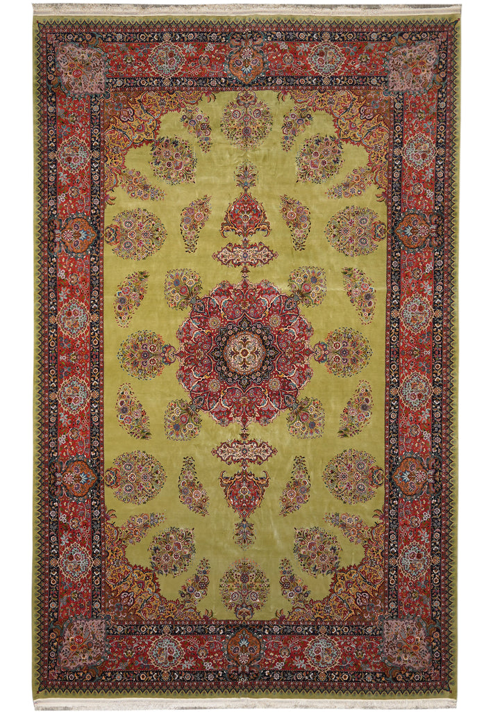 11.2 x 17.6 Fine Persian Tabriz Rug  Wool and Silk on Silk 500 KPSI Green #F-4492