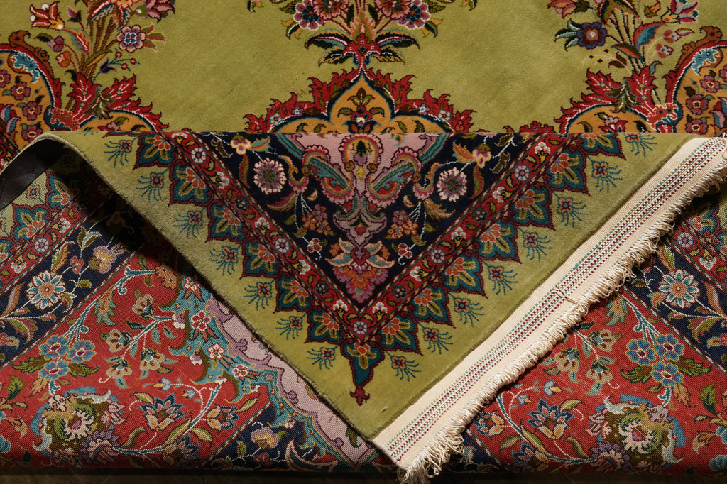 11.2 x 17.6 Fine Persian Tabriz Rug  Wool and Silk on Silk 500 KPSI Green #F-4492