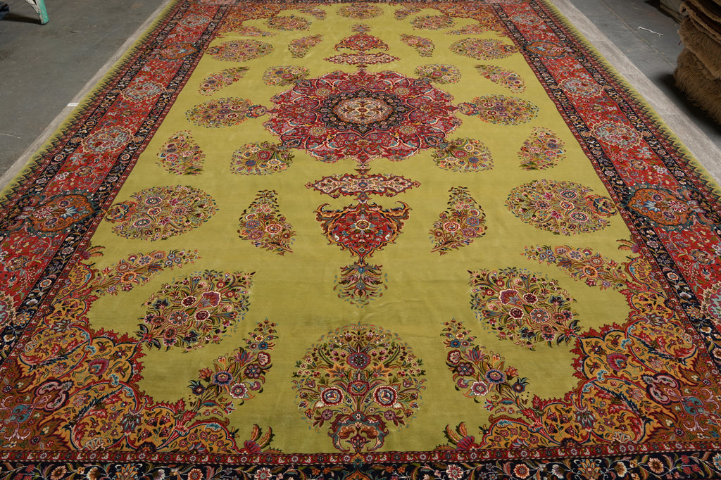 11.2 x 17.6 Fine Persian Tabriz Rug  Wool and Silk on Silk 500 KPSI Green #F-4492
