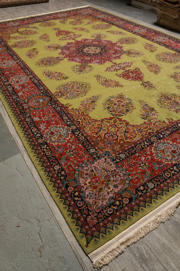11.2 x 17.6 Fine Persian Tabriz Rug  Wool and Silk on Silk 500 KPSI Green #F-4492