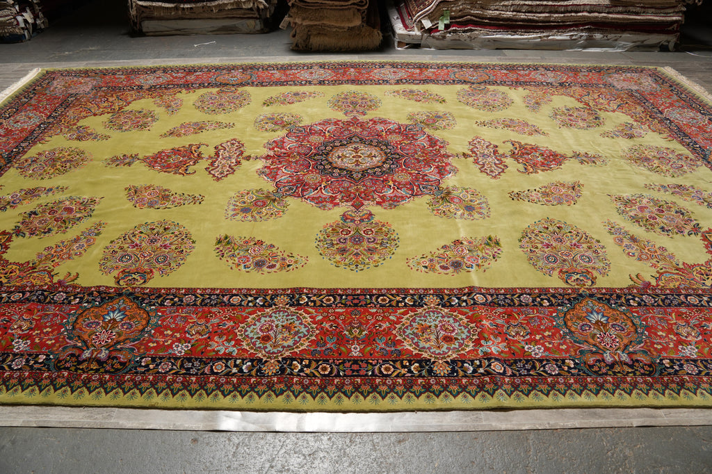 11.2 x 17.6 Fine Persian Tabriz Rug  Wool and Silk on Silk 500 KPSI Green #F-4492