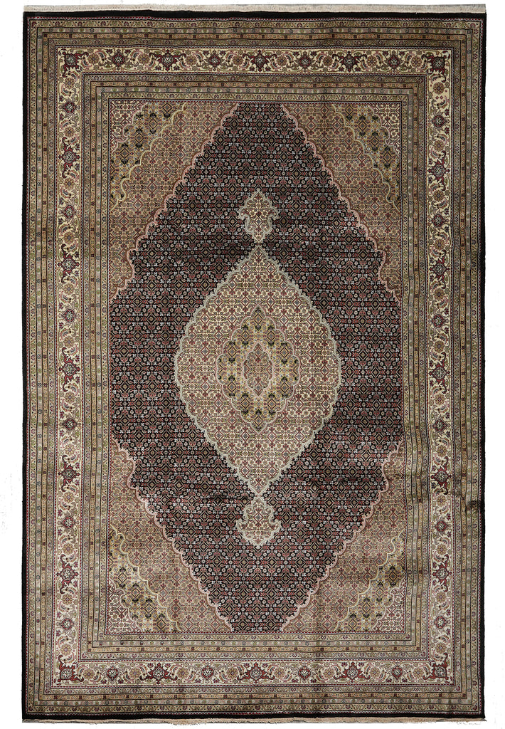 Decorative rug with intricate patterns on a plain background