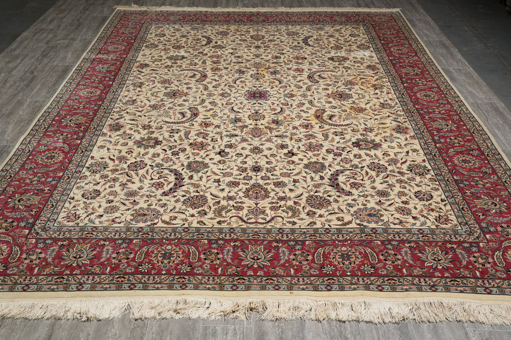 Decorative rug with intricate patterns on a plain background