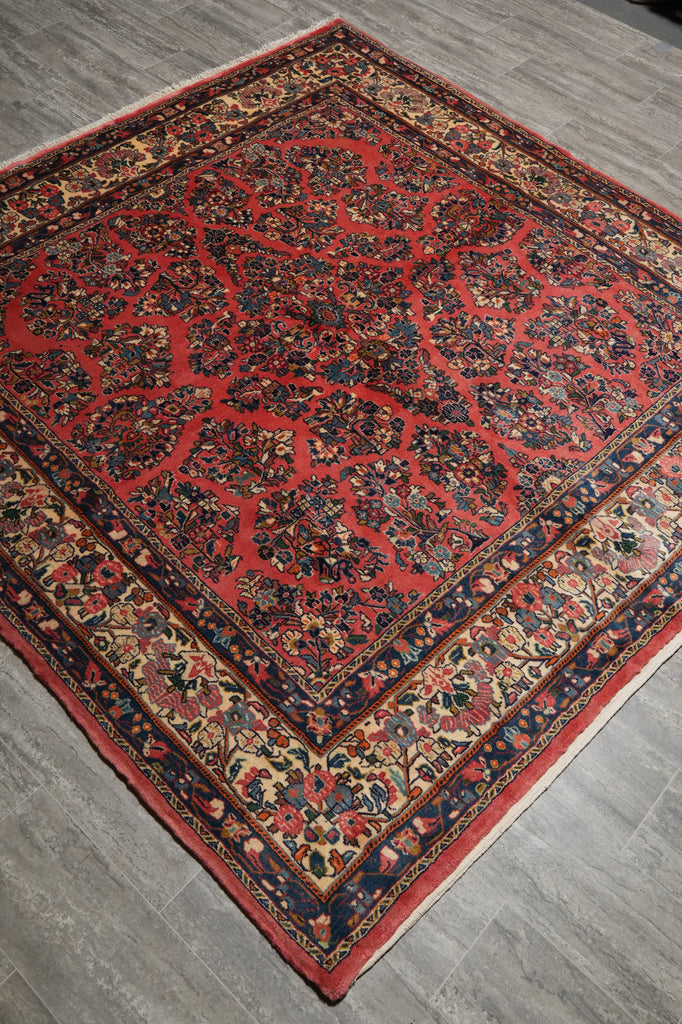 7 x 7.6 Dark Salmon Fine Persian Sarouk square Rug - view 4