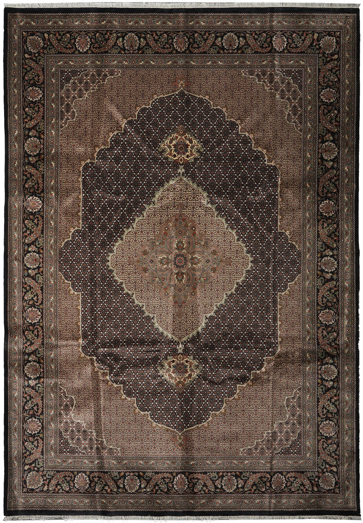 Decorative rug with intricate patterns on a brown background