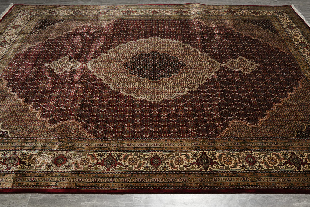 Decorative rug with intricate patterns on a plain background
