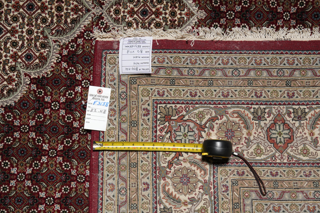 Patterned rug with a measuring tape and price tag on it