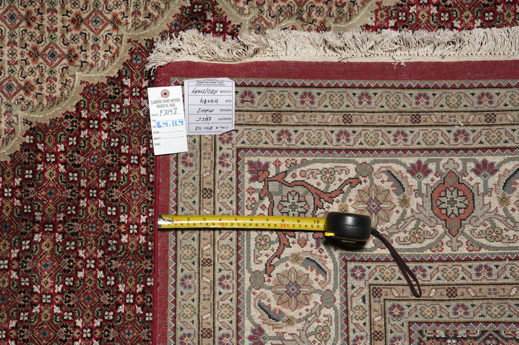 Decorative rug with a measuring tape and price tag on a carpeted floor.