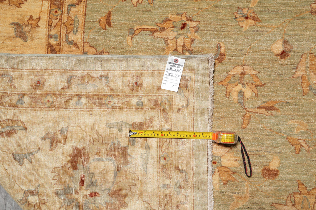 14 x 15.9 Light Green Chobi Peshawar Quality Natural Wool Rug #PIX-15431