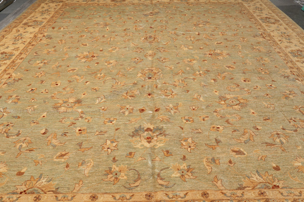 14 x 15.9 Light Green Chobi Peshawar Quality Natural Wool Rug #PIX-15431