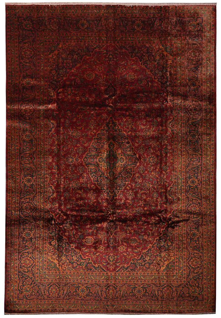 Vintage-style rug with intricate patterns in brown and red tones