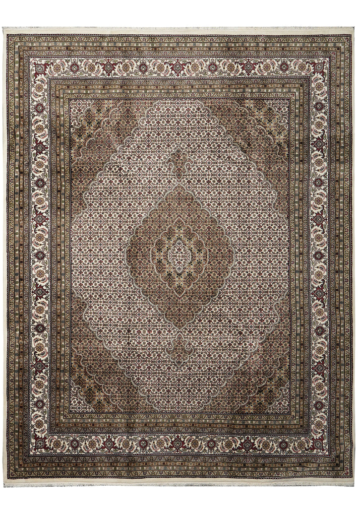 Decorative rug with intricate patterns and a border on a plain background
