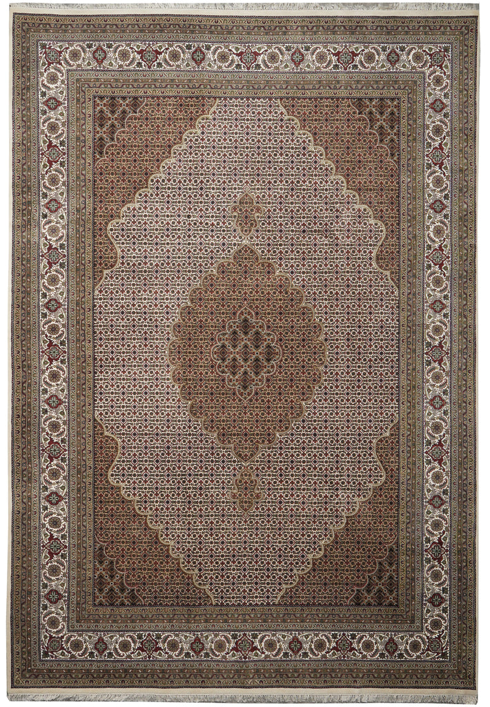 Decorative rug with intricate patterns and colors on a plain background
