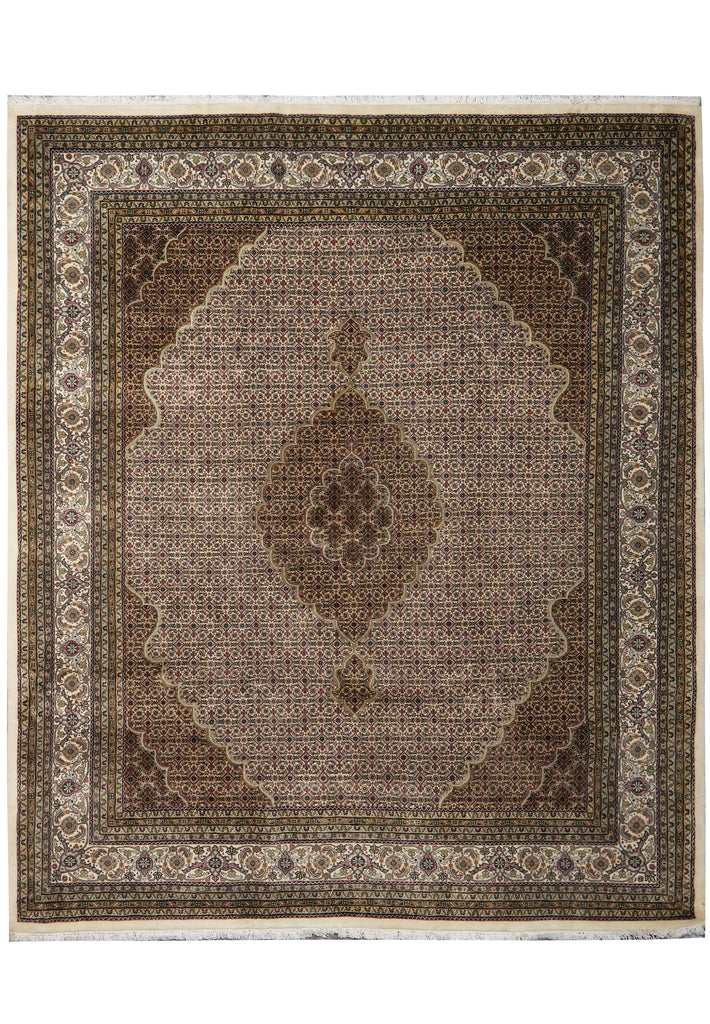 Decorative rug with intricate patterns on a plain background