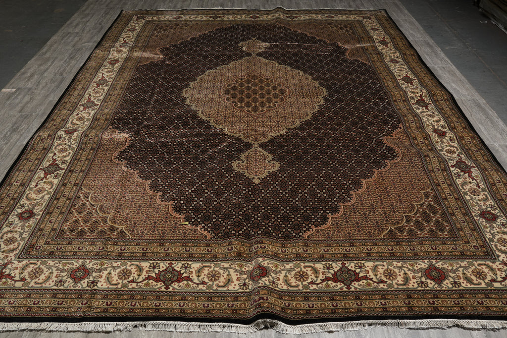 Decorative rug with intricate patterns on a wooden floor