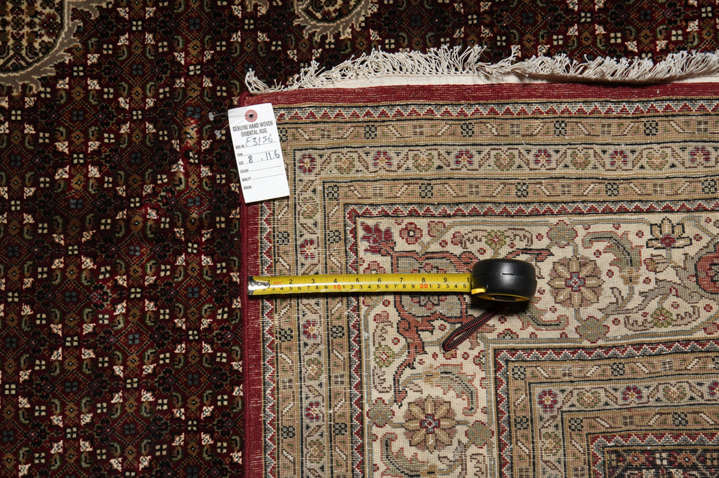 Decorative rug with a measuring tape and size tag.
