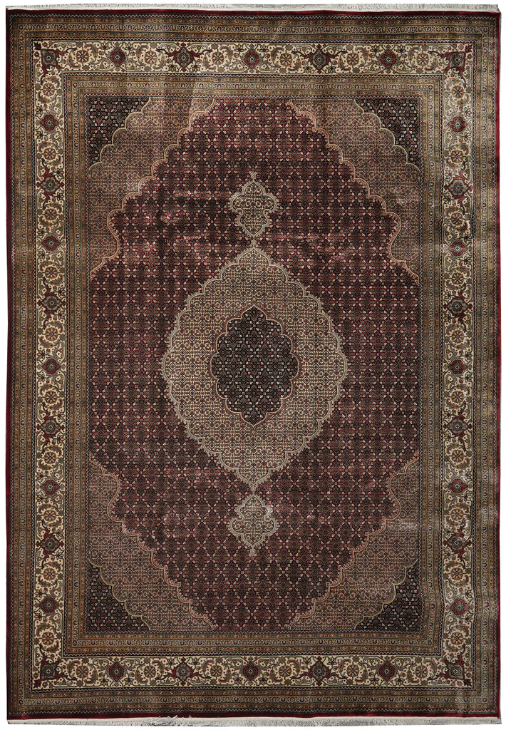 Decorative rug with intricate patterns and colors on a plain background