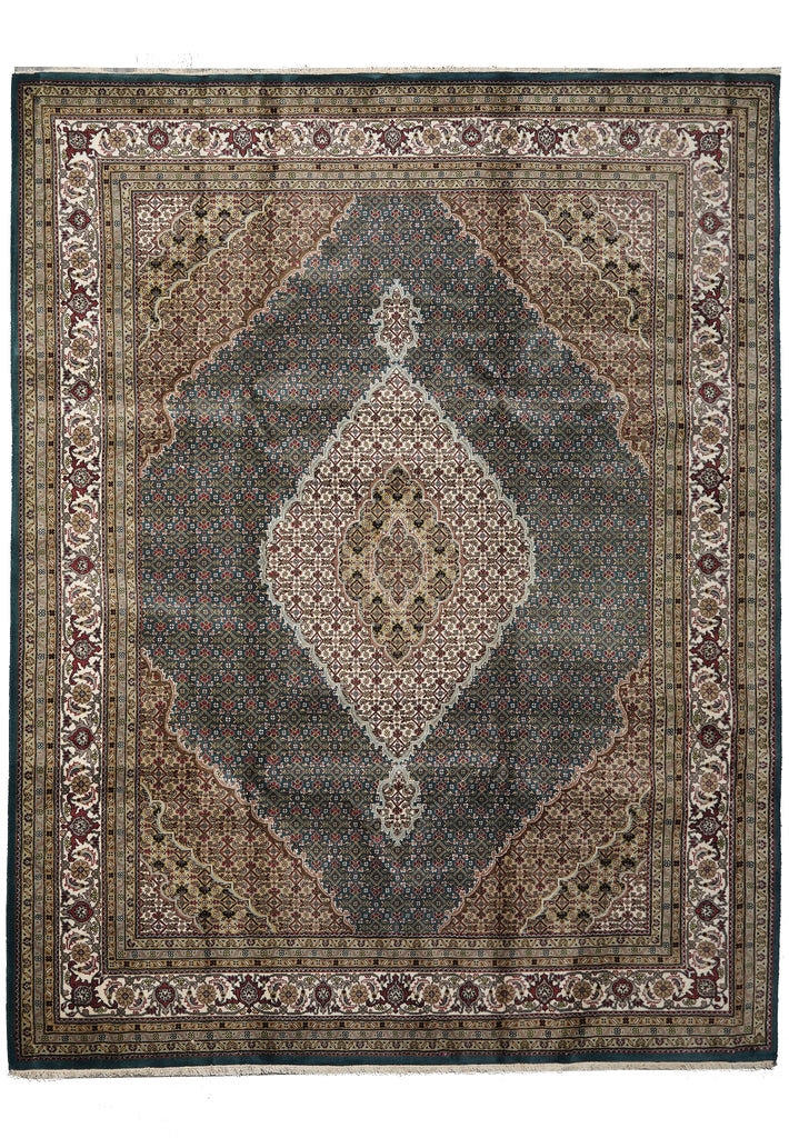 Decorative rug with intricate patterns on a plain background