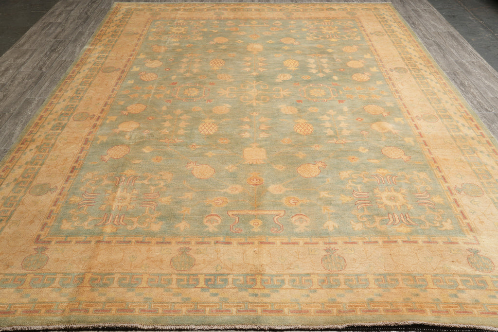 9 x 12.2 New Handmade Peshawar Chobi Rug Green Gold