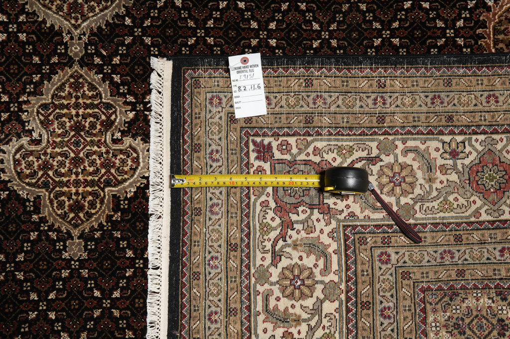 Decorative rug with a measuring tape and size tag on it