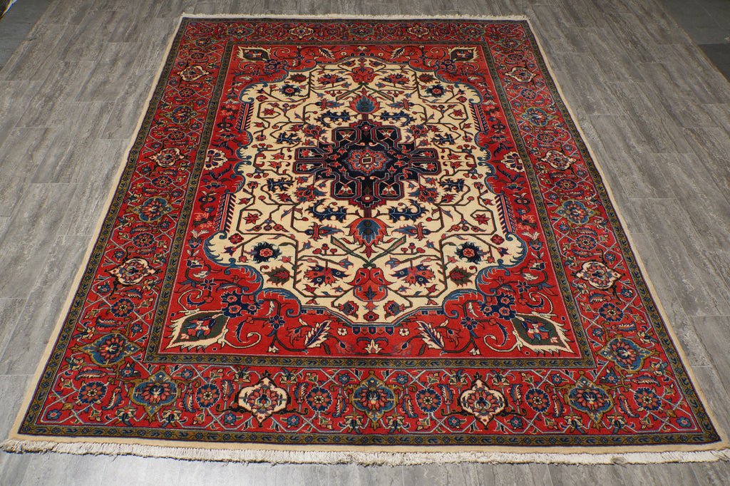 7 x 8.8 Ivory Fine Persian Lilihan Sarouk Rug 72370