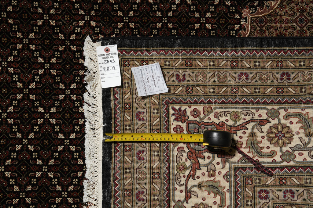Patterned rug with a measuring tape and a size tag