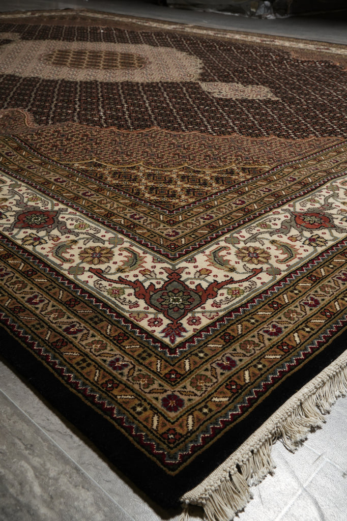 Decorative rug with intricate patterns on a tiled floor