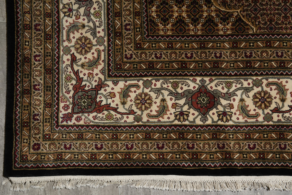 Decorative rug with intricate patterns on a neutral background