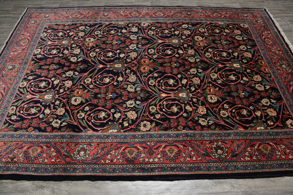 7.3 x 10.4 Midnight Blue Pink Fine Persian Sarouk Rug 72400