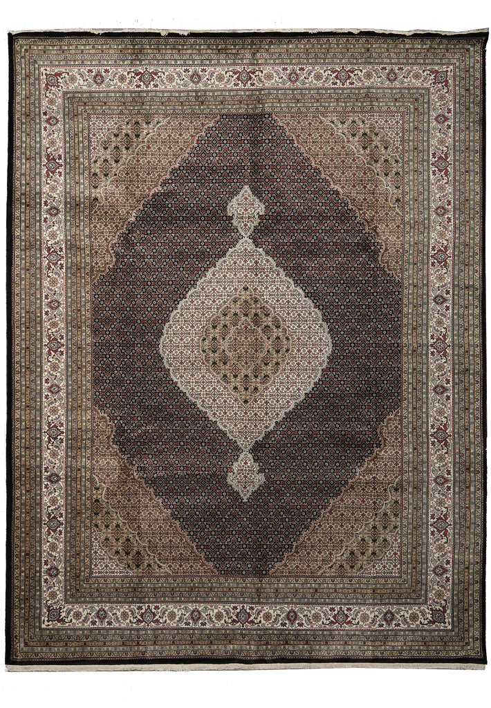 Decorative rug with intricate patterns on a plain background