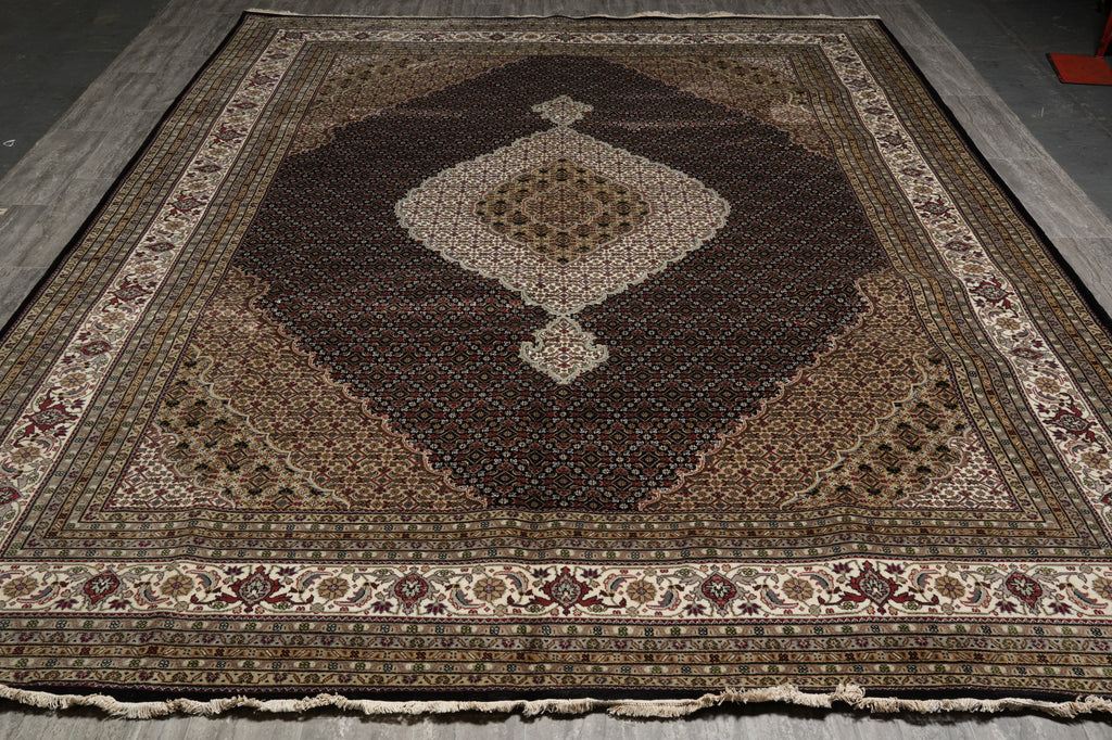 Decorative rug with intricate patterns on a plain background
